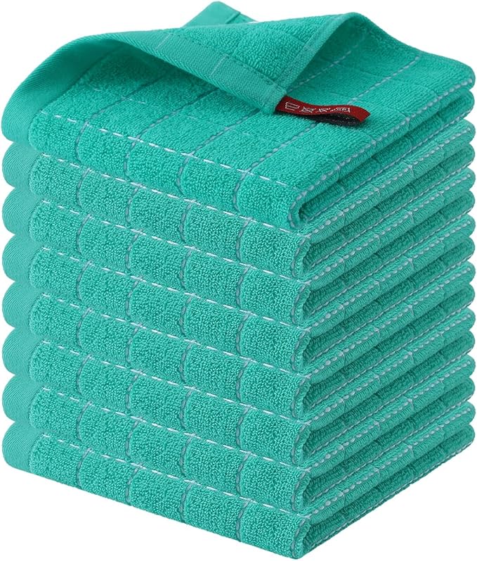 Homaxy 100% Cotton Terry Kitchen Dish Cloths, Ultra Soft and Absorbent Dish Towels for Kitchen, Suitable for Drying and Washing Dishes, 8 Pack, 12 x 12 Inches, Turquoise