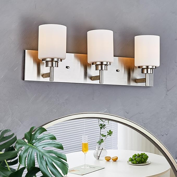 Bathroom Light Fixture, Brushed Nickel | 24 Inch 3 Lights, White Glass Shade, Farmhouse Style - Vanity Lights for Bathroom, Living Room, Bedroom