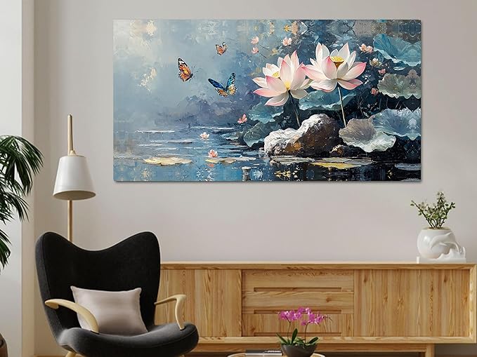 Ardemy Lotus Large Wall Art for Living Room Butterfly Canvas Art Wall Decor Textured Pictures Artwork Bedroom Kitchen Dining Home Office, 58"x29"