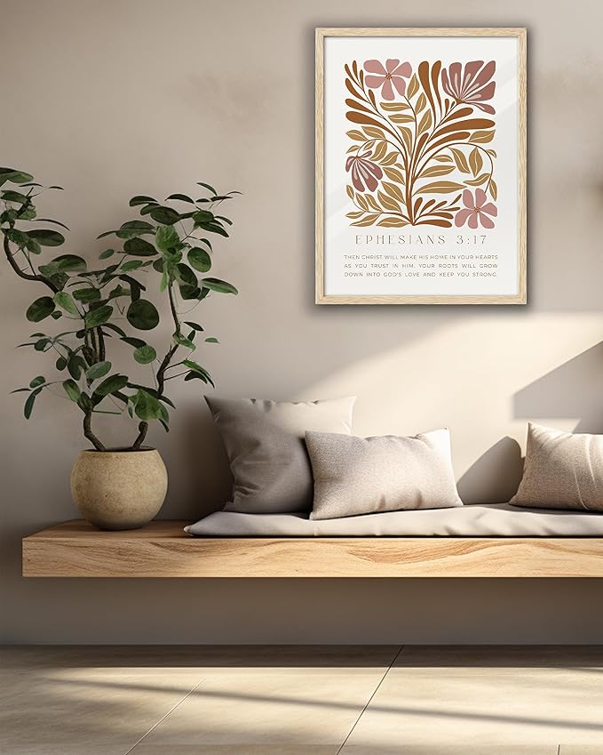EcoHest Bible Verse Floral Framed Wall Art, 12x16 in OAK Wood Abstract Flowers Canvas Wall Art, Ephesians 3:17 Home Decor, Beige Logs Boho Christ Set of 1 for Bedroom Living Room