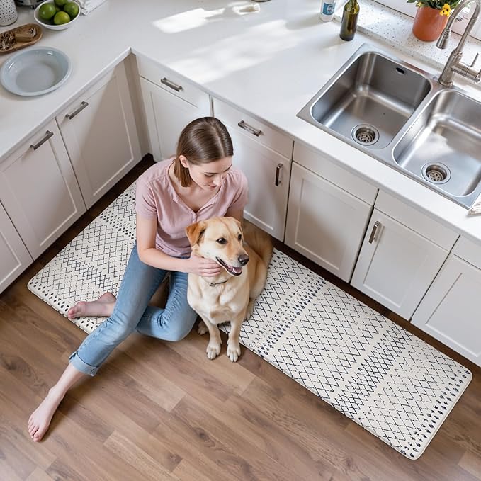 KIMODE Kitchen Mats 2PCS,Cushioned Anti Fatigue Boho Kitchen Rugs and Mats,Non Slip Waterproof Kitchen Mats for Floor,Comfort Foam Standing Desk Mat for Home,Office,Sink,Laundry,Blue and White