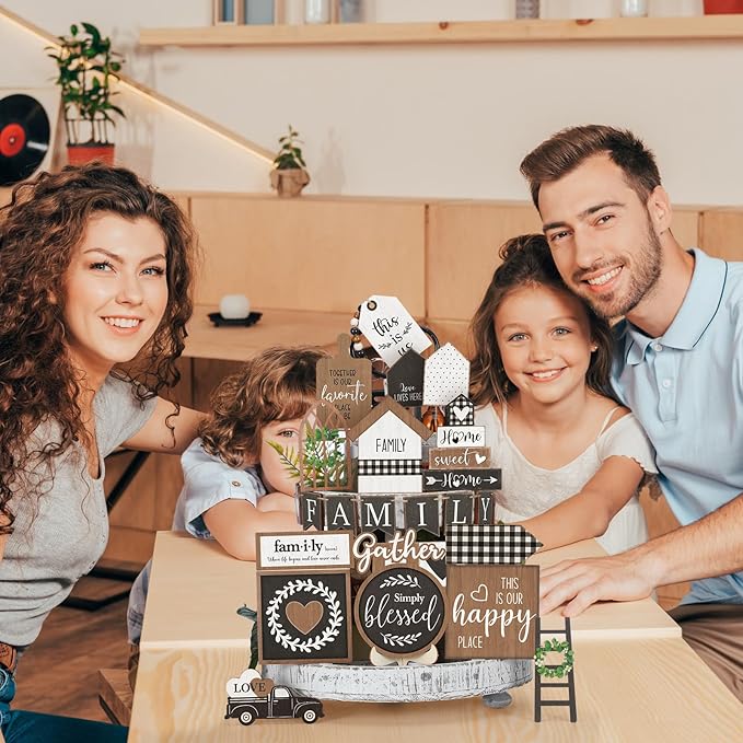 Yaomiao 21 Pcs Farmhouse Tiered Tray Decor Set Rustic Farmhouse Wood Decor Sign Vintage Rustic Family Gather Blessed Tiered Tray This is Our Happy Place Sign for Home Kitchen Table Shelf (Classic)