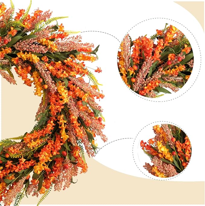 26 Inch Fall Flower Wreath for Front Door, Autumn Yellow Orange Forsythia Flower Indoor Outdoor Wreath with Berries Foam Leaves