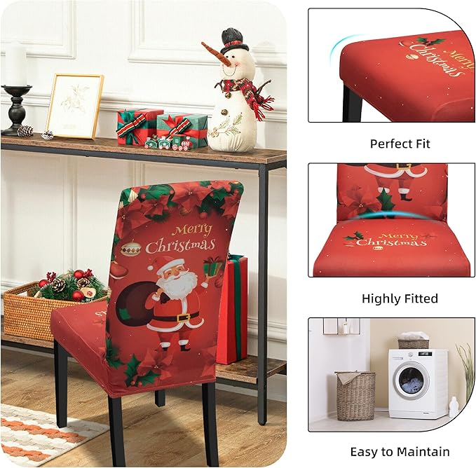 Christmas Chair Covers for Dining Chairs, Dining Room Chair Covers Set of 4, Stretch Parsons Chair Slipcovers, Removable Washable kitchen Chair Cover for Home Hotel Banquet Holiday Decoration