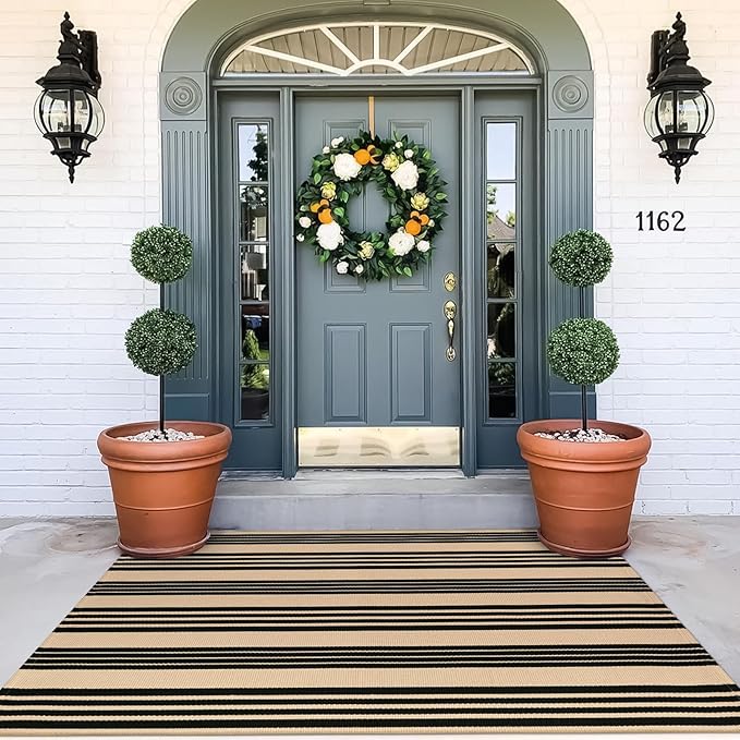 OJIA Outdoor Area Rugs 4'x6', Black and Tan Outdoor Rug Machine Washable Patio Rugs Cotton Hand Woven Entryway Rug Indoor Rugs for Bedroom/Porch/Deck/Backyard/Camping/Living Room