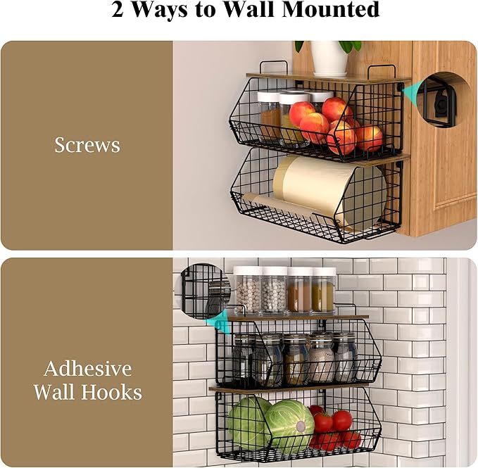 2 Pack Extra Large Kitchen Organizer Stackable Trash Bag Holder,Laundry Room Organizers Basket with Wood Top,Wall Mount Large Standard Garbage Bag Dispenser,Pantry Organizers,Under Sink Organization