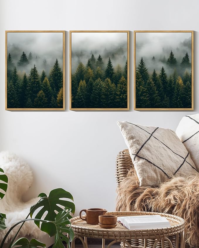 KUVIOKE Green Fog Pine Tree Landscape Framed Wall Art Nature Nordic Misty Forests Prints Morden Farmhouse Bedroom Living Room Ready to Hang 11x14in (Natural Framed)
