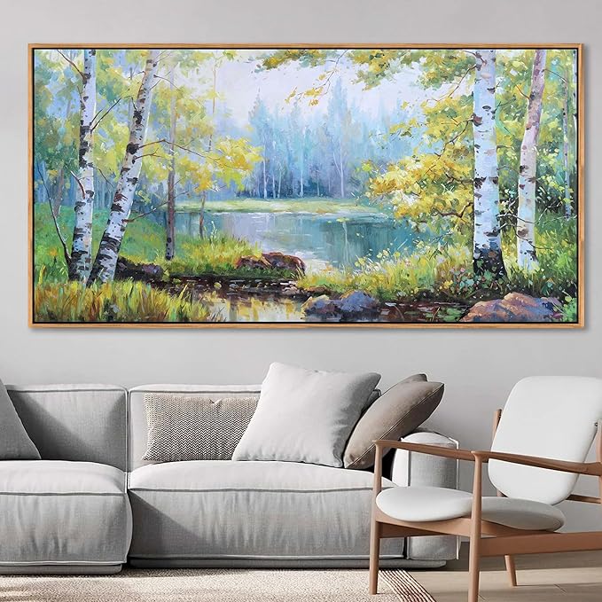 YCPRIMER Forest Wall Art - Birch Tree Canvas Wall Decor Green Trees Picture for Living Room Lake Forest Landscape Painting Home Bedroom Decoration Green and White Framed Artwork Decor 24×48IN