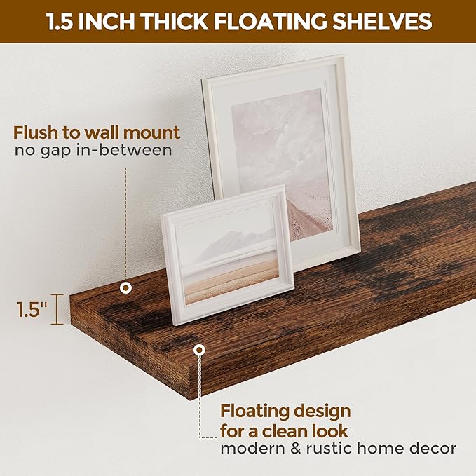 72 Inch Floating Shelves, 72 x 9.3 Rustic Wooden Fireplace Mantel, 9.3 Inch Floating Shelf for Wall, Farmhouse Wall Shelves for Home Storage & Display, Rustic Brown Color, Set of 1