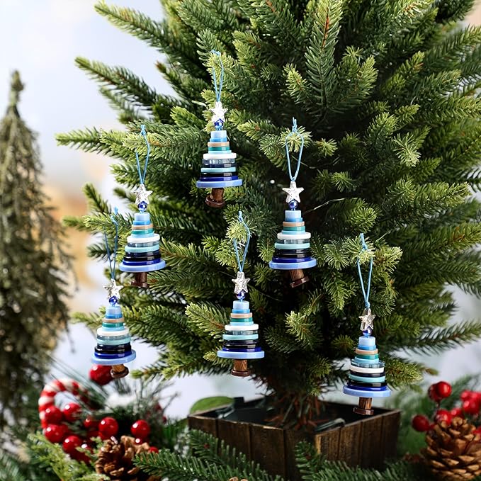 Soulchen 12 Sets Button Christmas Tree Craft Kits Make Your Own Button Christmas Tree Decorations DIY Xmas Hanging Ornament for Holiday Stocking Filler Gift Decor(Blue)