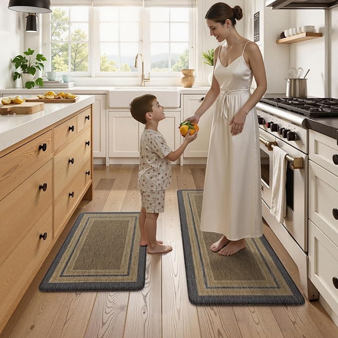 KIMODE Anti Fatigue Kitchen Mats, Boho Distressed Kitchen Floor Mats 20"x47"+20"x32", Non Slip Waterproof Kitchen Rugs, Padded Comfort Standing Mats for Laundry Office Sink Desk Grey/Brown