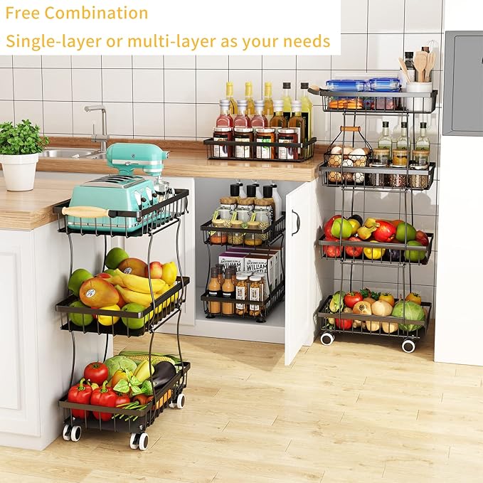 Fruit Vegetable Storage Basket for Kitchen - 4 Tier Slim Stackable Metal Wire Basket Cart with Rolling Wheels Utility Rack Onions Potatoes Organizer Bins for Kitchen Pantry Black