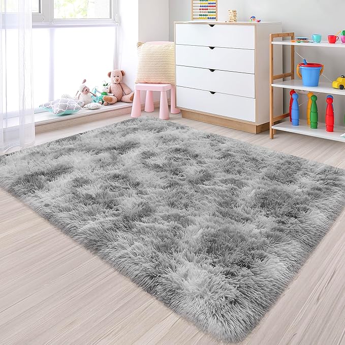 Small Area Rug for Bedroom 3x5ft Mini Tie Dye Grey Fluffy Rug Mat Bedside Throw Rug for Kids Room Boys Teens Nursery Baby Dorm Living Room Home Decor for Modern Floor Rug