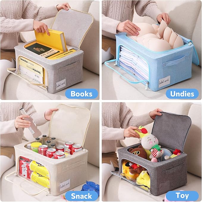 Clothes Storage Bins Box - Foldable Stackable Container Organizer Set with Clear Window & Carry Handles & Metal Frame - 2Pack Large Capacity for Bedding, Blankets, Books