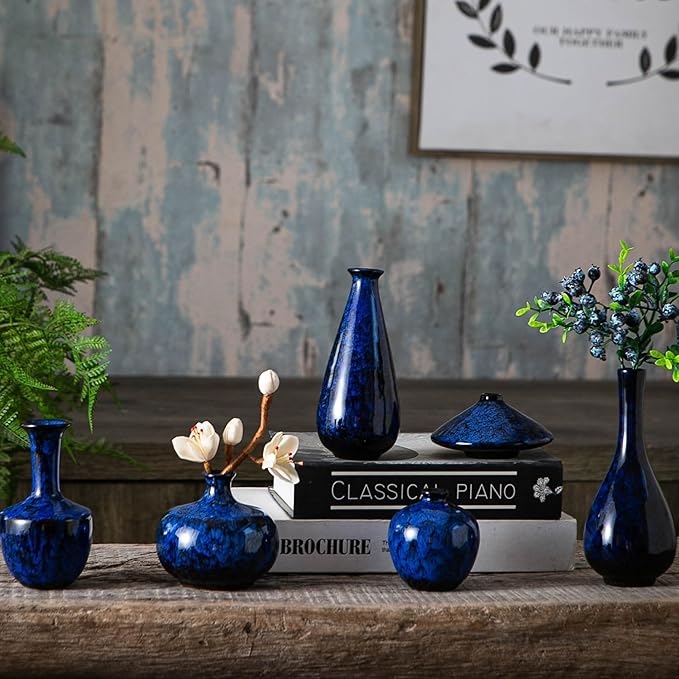 Blue Ceramic Bud Vases, Set of 6 Small Glazed Pottery Vases for Floral Arrangements, Decorative Rustic Vases for Modern Farmhouse Home Decor, Living Room, Dining Table Centerpieces