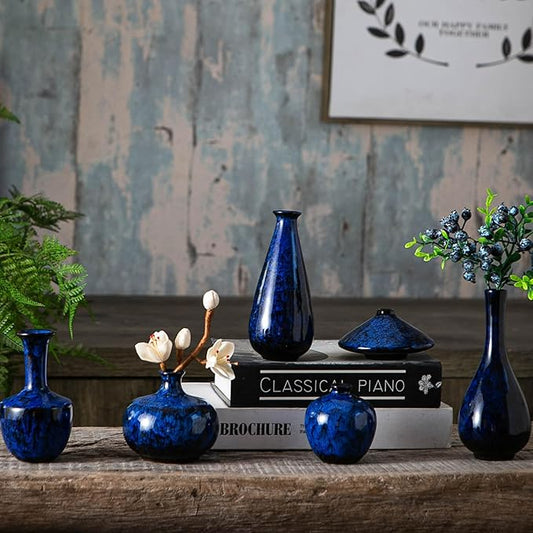 Blue Ceramic Bud Vases, Set of 6 Small Glazed Pottery Vases for Floral Arrangements, Decorative Rustic Vases for Modern Farmhouse Home Decor, Living Room, Dining Table Centerpieces