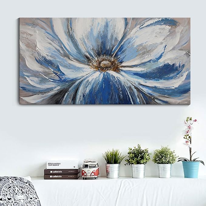 Flower Canvas Wall Art for Living Room Large White Blue Flower Picture Giclee Print Painting Wall Decor Framed Artwork Ready to Hang for Home Bedroom Wall Decoration Size 24x48