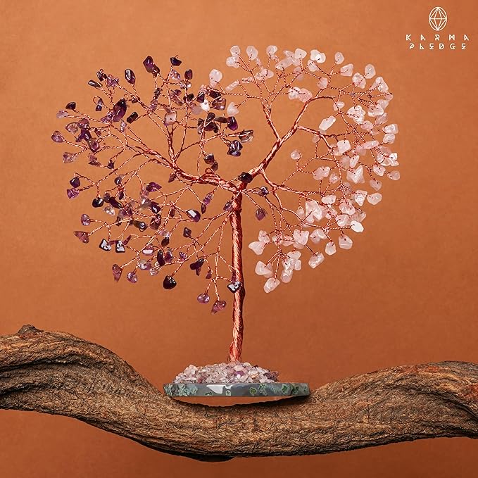 Crystal Tree for Home and Office Decoration, Amethyst & Rose Quartz Healing Stones Handmade Tree of Life for Positive Energy, Money, Good Luck, Christmas Decor, Birthday Gifts for Women, Mom