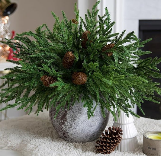 Artificial Christmas Norfolk Pine Stems Branches for Vases,12 Bundles Faux Pine Branches with 5 PCS Big Pinecones Stems Fake Greenery Evergreen Real Touch for Holiday Winter Table Xmas Decor
