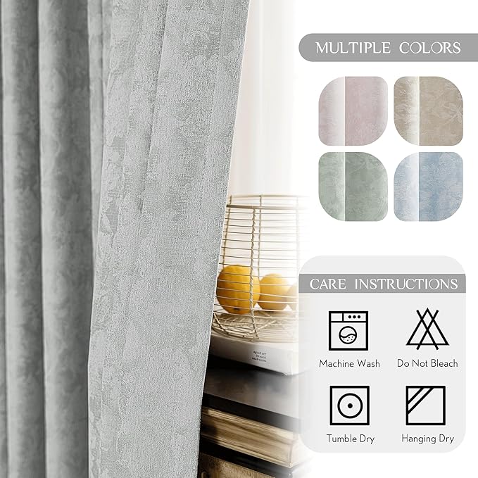 Beauoop Grey Floral Jacquard Blackout Curtains 90 Inches Long 2 Panels for Bedroom Living Room Gray Flower Chenille Room Darkening Thermal Insulated Soundproof Grommet Window Treatments Drapes, 52x90