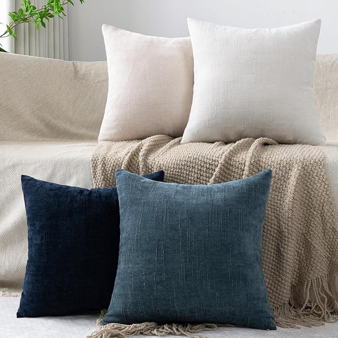 Set of 4 Soft Textured Decorative Throw Pillow Covers 16x16 Inch Cozy Farmhouse Cushion Cover Square Accent Pillow Cases for Bed Couch Sofa Living Room, Beige White Blue