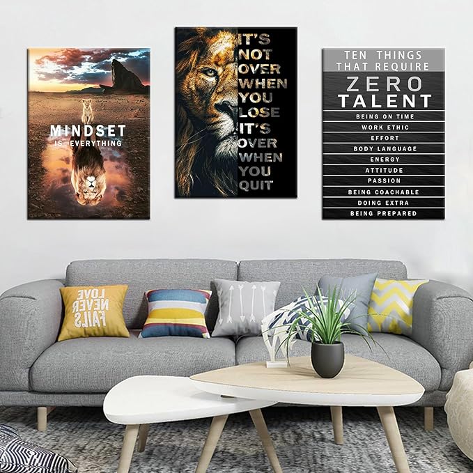 Zero Talent Poster Inspirational Wall Art Office Quotes Motivational Wall Decor Lion Mindset is Everything Animal Canvas Prints Wall Art Modern Home Bedroom Decor Framed and Stretched [60''Wx 28''H]