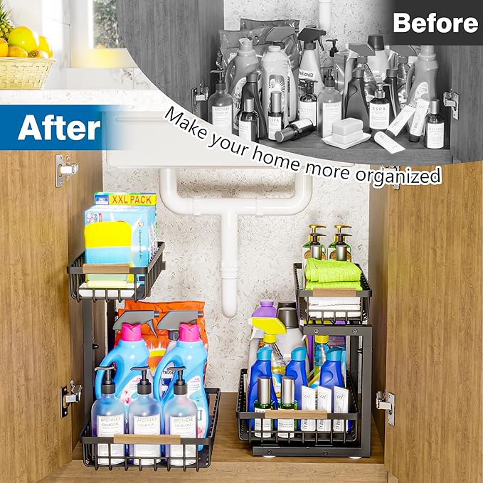 Under Sink Organizers, 2 Tier Pull Out Under Cabinet Organizer，Height Adjustable Pull Out Cabinet Drawers, Metal Sliding Drawer for Kitchen Bathroom Pantry Cabinet Closet Organization Rack，2 Packs