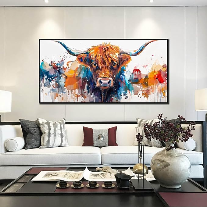 ZHAOSHOP Highland Cow Pictures Wall Decor for Living Room - Graffiti Wall Art for Office - Framed Canvas Wall Art for Bedroom Size 29" x 59"