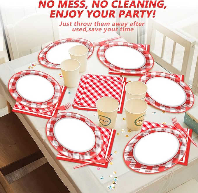 Gingham Oval Paper Plates 11inch Red and White Checkered Plates and Napkins, Dish Tray for BBQ Gathering Picnic Carnival Theme Party Supplies Holiday Baby Shower Birthday Tableware, 25 Guest