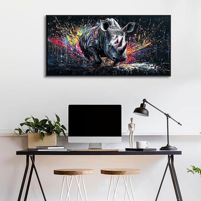 QZQCBLC Large Canvas Wall Art - Colorful Abstract Graffiti Pop Street Paintings Artwork Black and White Rhino Pictures for Living room Bedroom Bar Men's Teenager Game Room Modern Home Decor 20X40
