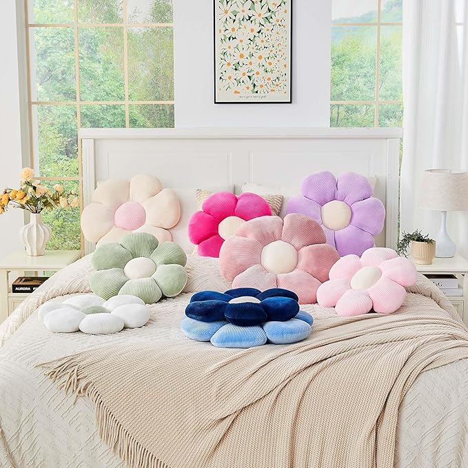 Lavender Flower Pillow, 19.6" Cute Flower Shaped Floor Pillow, Aesthetic Floral Plush Daisy Decorative Throw Pillows for Bed Sofa Couch