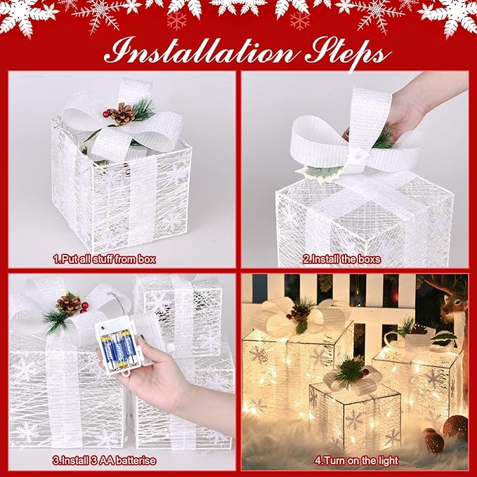 Christmas Lighted Gift Boxes with Snowflake Ornament, 3 Pack Pre-lit Present Boxes Set Battery Operated with Different Sizes for Holiday Indoor Outdoor Decorations (3 Pack) (Snowflake-2)