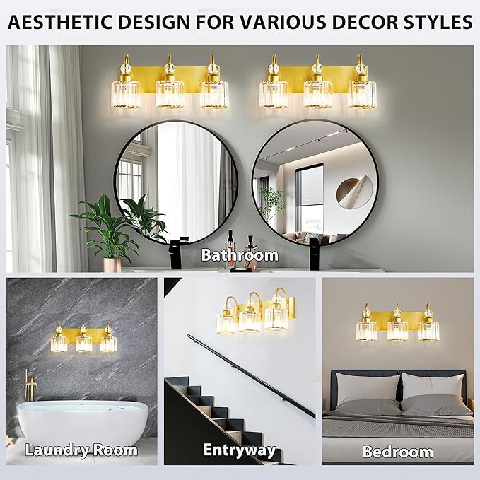 Bathroom Vanity Light Fixtures Over Mirror - Makeup Lighting Pure Gold - for Modern Wall, Bath, Desk, Farmhouse, Hallway 3 Crystal Lights