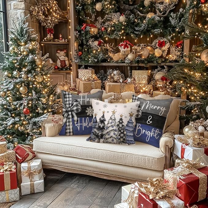 GEEORY Christmas Throw Pillow Covers 20 x 20 Inch Set of 4, Xmas Trees Merry and Bright Happy Holidays Farmhouse Decorative Cushion Cases for Home Decoration G435N-20