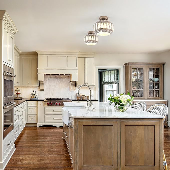 Rustic Crystal Ceiling Light, Semi Flush Mount Ceiling Light in Vintage Brass Finish, Modern Light Fixture for Bedroom, Hallway, Entryway, or Living Room