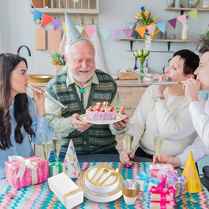 210 Count Gold Plastic Dinnerware, Gold Disposable Plates, Includes: 30 Dinner & 30 Dessert Plates & 30 Cups & 30 Paper Napkins & 30 Plastic Silverware Set