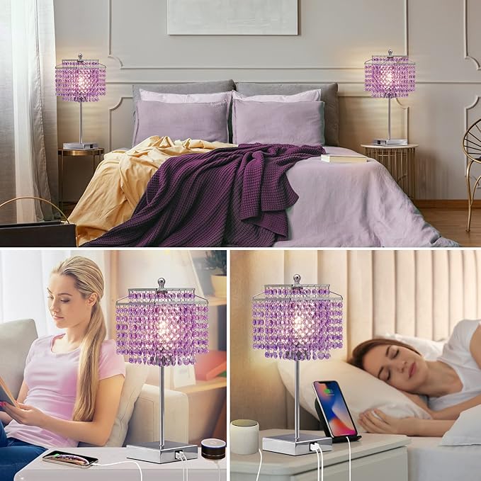 Luvkczc Purple Bedside Crystal Table Lamp Set of 2, Touch Control Lamps, 3-Way Dimmable Lamp with Crystal Shade for Bedroom, Girl Living Room, 6W B11 Bulb Included