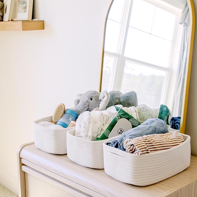 NaturalCozy 11.8"x8"x4.5” Storage Baskets for Shelves 3 Pack | Cotton Rope Woven Small Baskets for Organizing | Small Storage Bins for Nursery, Bathroom, Closet, Cube Shelf, Decorative, Gift Basket