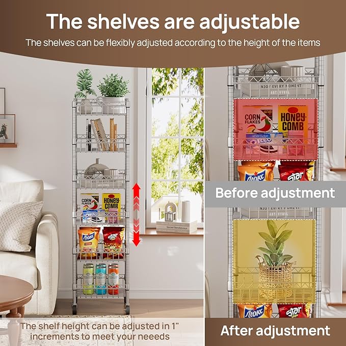 6 Shelves Storage Shelf Wire Closet Bathroom Organizers Metal Pantry Kitchen Garage Shelving Unit Laundry Room Organization Home Rack Net Basket Silver with Wheels 14" Dx14 Wx64.8 H