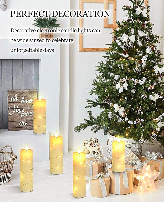 Da by Flickering Flameless Candles with String Lights, Battery Operated Candles with Remote and Timer, LED Pillar Candle Real Wax,5 Pack-Ivory White