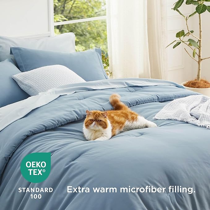 Bedsure Grayish Blue California King Comforter Set - Cal King Bed Set 7 Pieces, Cali King Bedding Set with Comforter, Sheets, Pillowcases & Shams