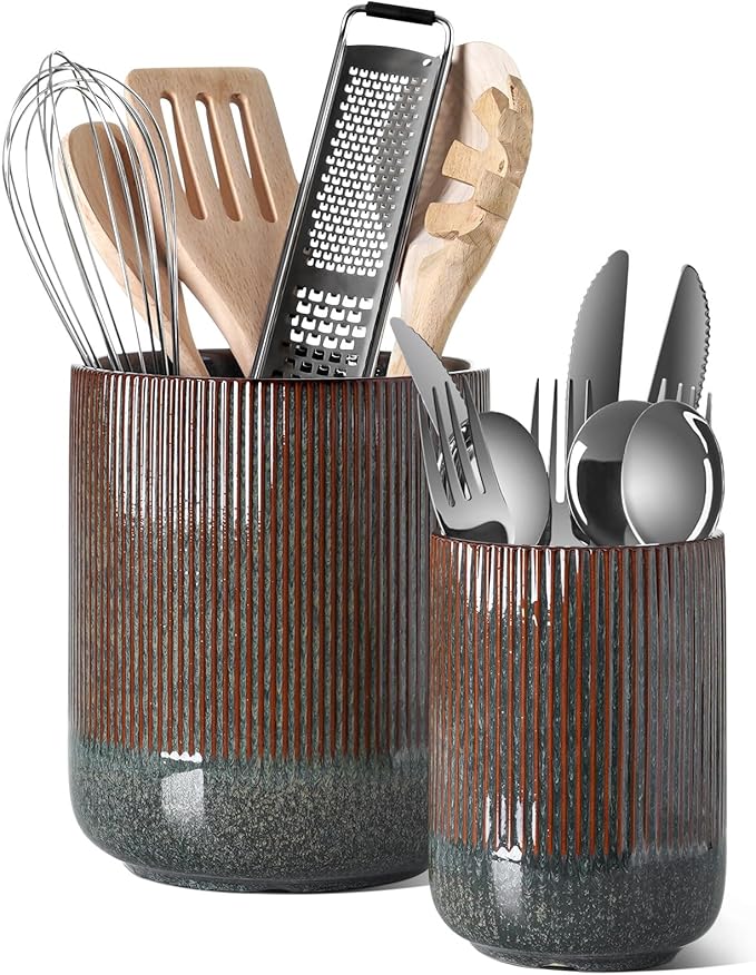 LE TAUCI Utensil Holder, 7.3"+5.4" Ceramic Kitchen Utensil Holder for Countertop, Black Cooking Utensil Crocks for Kitchen Counter, Morden Utensil Organizer for Spatula, Set of 2, Marble Dark Olive