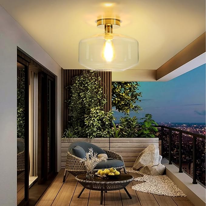 Semi Flush Mount Ceiling Lights, Industrial Ceiling Light, Glass Pendant Lamp Shade,11.8'' Inches Pendant Light Fixtures for Hallway, Entryway, Farmhouse, Kitchen (Gold)