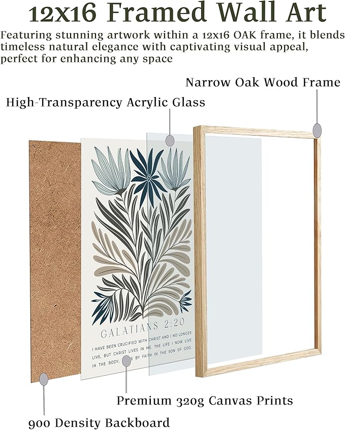 EcoHest Christian Bible Verse Floral Framed Wall Art, 12x16 in OAK Wood Boho Abstract Flowers Canvas Wall Art, Galatians 2:20 Home Decor, Beige Logs Christ Set of 1 for Bedroom Living Room
