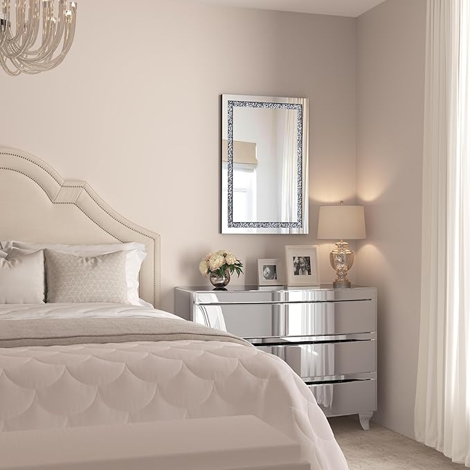Crystal Decorative Mirror-16 x24 Rectangle Gorgeous Silver Mirror, Crush Diamond Mirror for Wall Decoration Bedroom, Hallway, Dining Room