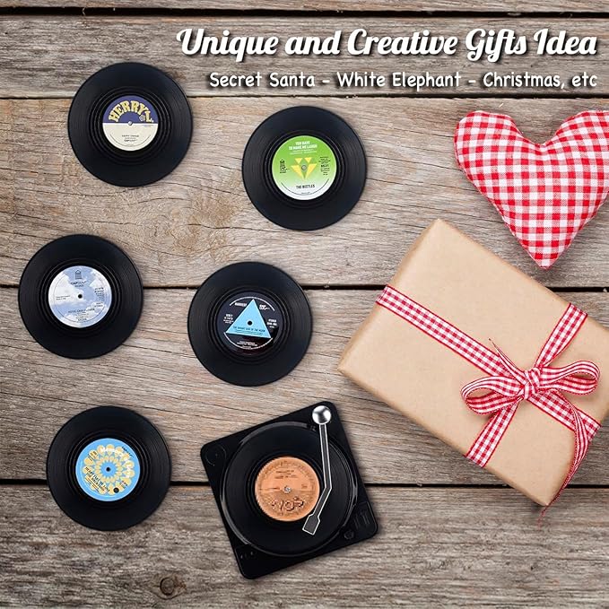 Valdivia Retro Vinyl Record Coasters with Player, 6PCS Music Coasters for Drinks, Home and Coffee Table Decor, Housewarming Gifts New Home Apartment Gifts for Music Lovers, Birthday Gifts for Men