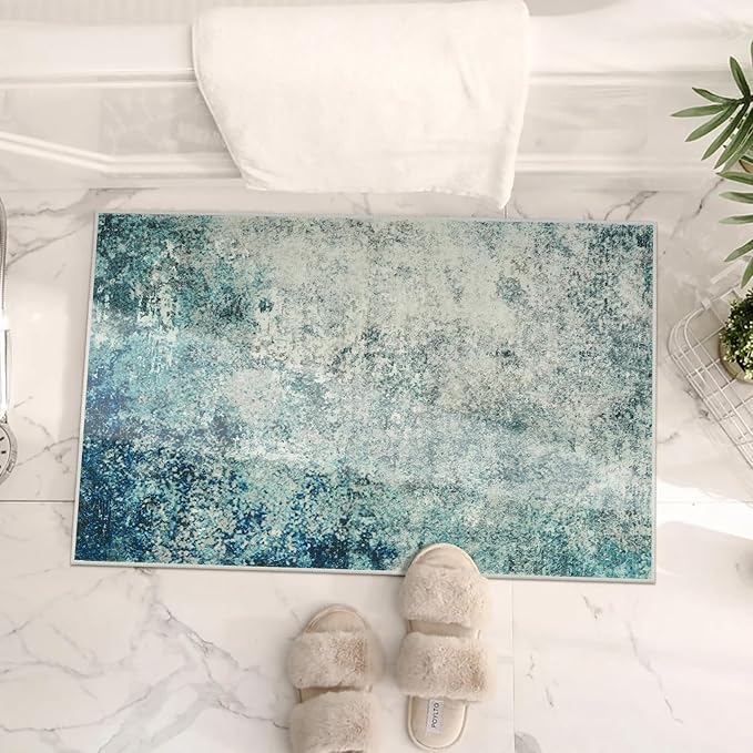 Lahome Modern Abstract Area Rug - Small 2x3 Washable Entryway Rugs Non-Slip Low Pile, Accent Throw Carpet for Kitchen Bath Mats Laundry Front Indoor Doormat,Blue/Grey