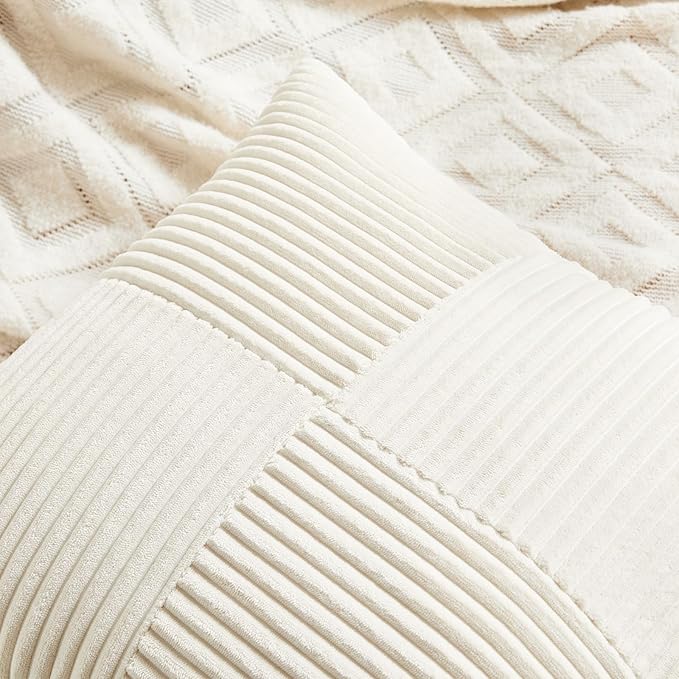 Fancy Homi 4 Packs Cream Decorative Throw Pillow Covers 16x16 Inch for Living Room Couch Bed Sofa, Rustic Farmhouse Boho Home Decor, Soft Cross Patchwork Corduroy Textured Square Cushion Case 40x40 cm