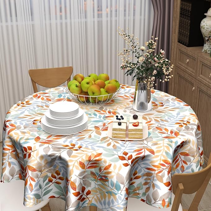 Fall Round Tablecloth 60x60 Inch Fall Leaves Tablecloth Circular Autumn Thanksgiving Round Table Cloth Washable Tabletop Autumn Leaves Table Cover for Seasonal Holiday Home Kitchen Dining Party Decor