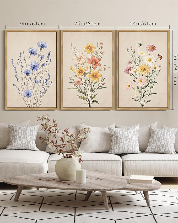 KUVIOKE Vintage Wildflower Bouquet Framed Wall Art Color Botanical Flower Wall Decor Modern Colorful Floral Hanging Decor for Living Laundry Dining 24x36in (Natural Framed)